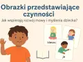 Ilustracje dla dzieci pokazujące czynności: dziewczynka medytuje, pije, chłopiec rzuca monetą. Pomagają w rozwoju mowy.