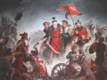Bitwa pod Chocimiem 1621: Polacy z chorągwią zwyciężają. Dynamiczna scena walki, szable, broń palna, żołnierze w barwnych strojach.