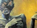 Mroczne, surrealistyczne dzieła Zdzisława Beksińskiego. Postać z bandażami na głowie i wykrzywionymi dłońmi na tle żółci.