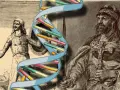 Czy wikingowie byli w Polsce? Grafika przedstawia starożytnych wojowników i spiralę DNA, sugerując badanie genetycznych śladów ich obecności.