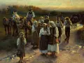 Grupa ludzi wraca z pola, niosąc narzędzia. Widać konie i wóz. Obraz przypomina czasy, kiedy zniesiono pańszczyznę w Polsce.