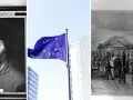 Portret Kopernika, flaga UE i historyczny rysunek ukazują bogatą historię Polski, od nauki po współczesność.