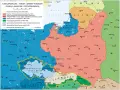 Mapa przedstawia **powierzchnię Polski w 1939** roku, ukazując tereny sporne między Polską, Niemcami i Czechosłowacją, w tym obszary zajęte przez Niemcy i Węgry.