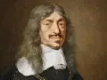 Portret króla polskiego Jana Kazimierza, który walczył z potopem szwedzkim. Długie włosy, wąsy i biały kołnierz.