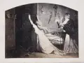 Artur Grottger "Polonia": dramatyczna scena w pokoju, kobieta w bieli próbuje otworzyć drzwi, druga postać z świecą obserwuje.