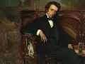 Portret Fryderyka Chopina, który inspiruje do poznania jego bogatego życiorysu. Kompozytor w eleganckim stroju siedzi na fotelu.
