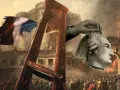 Symboliczne przedstawienie przyczyn rewolucji francuskiej: gilotyna, francuska flaga i odcięta głowa króla na tle zamieszek.