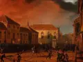 Scena bitwy, płonące budynki i żołnierze na koniach. Obraz symbolizuje przyczyny upadku powstania listopadowego, ukazując chaos i klęskę.