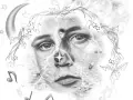 Surrealistyczny portret z elementami nawiązującymi do Yung Lean Polska: księżyc, gwiazdy, błyskawice, muzyka i małe postacie.