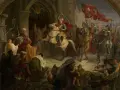 Bolesław Chrobry na koniu, w koronie i czerwonym płaszczu, z mieczem wzniesionym ku górze, w otoczeniu rycerzy i ludu.
