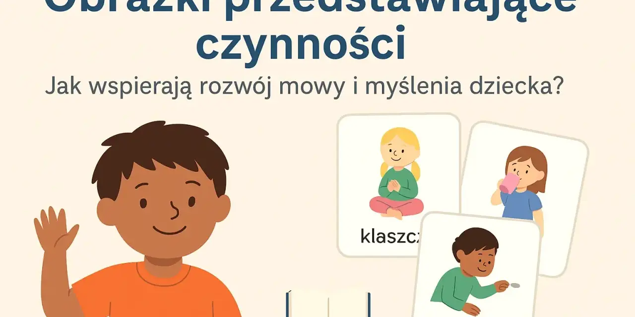 Ilustracje dla dzieci pokazujące czynności: dziewczynka medytuje, pije, chłopiec rzuca monetą. Pomagają w rozwoju mowy.