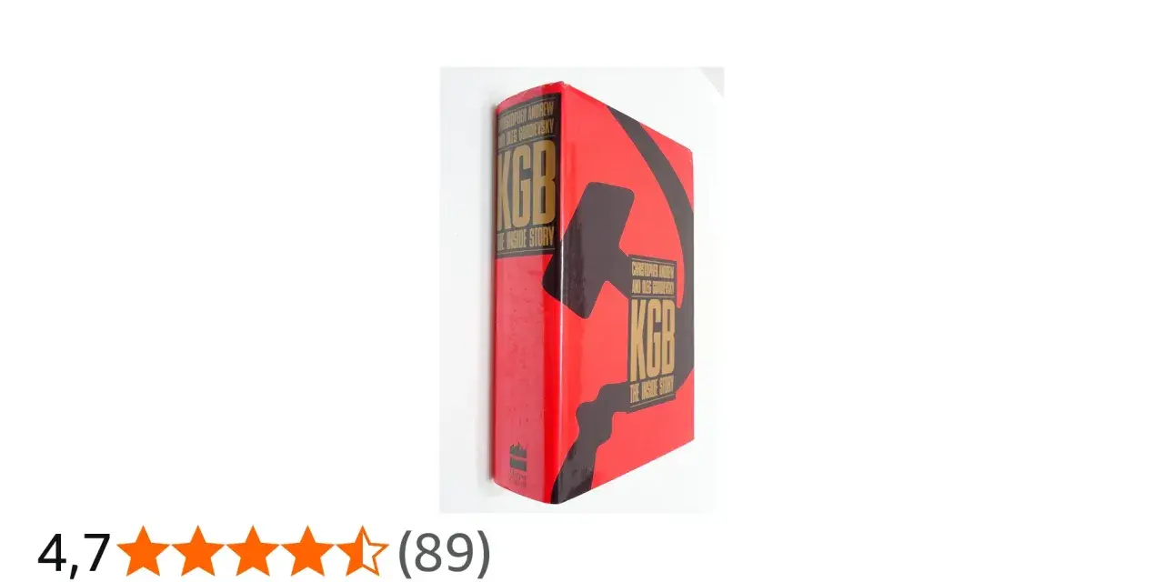 Książka "KGB: The Inside Story" Christophera Andrew i Olega Gordijewskiego, czerwona okładka z sierpem i młotem.