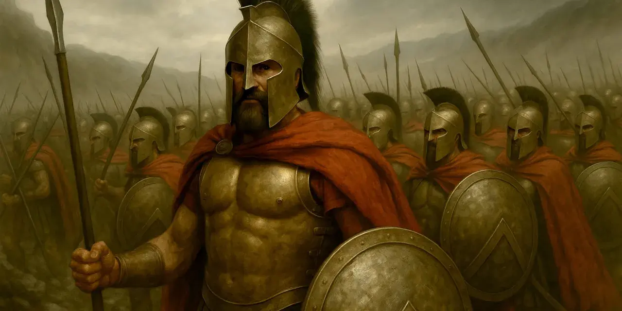 Leonidas, kto to? Król Sparty, w złotej zbroi, z tarczą i włócznią, prowadzi armię spartańskich wojowników.