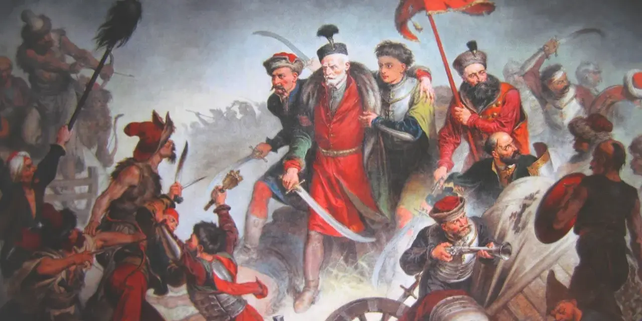 Bitwa pod Chocimiem 1621: Polacy z chorągwią zwyciężają. Dynamiczna scena walki, szable, broń palna, żołnierze w barwnych strojach.