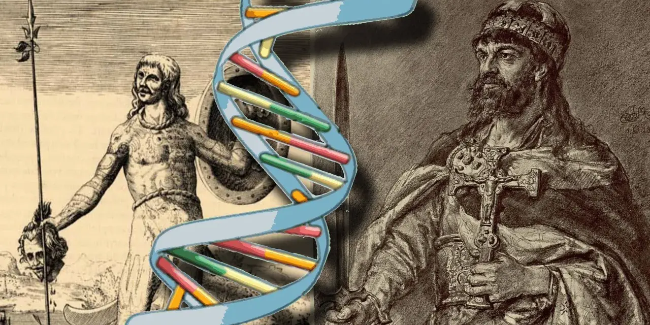 Czy wikingowie byli w Polsce? Grafika przedstawia starożytnych wojowników i spiralę DNA, sugerując badanie genetycznych śladów ich obecności.