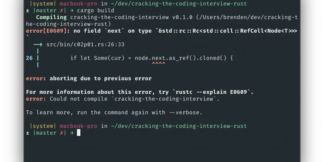 Błąd kompilacji Rust: "no field `next` on type". Co znaczy WTF? Komputer próbuje zbudować projekt, ale napotyka problem z brakiem pola `next`.