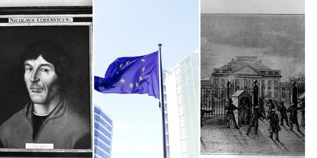 Portret Kopernika, flaga UE i historyczny rysunek ukazują bogatą historię Polski, od nauki po współczesność.