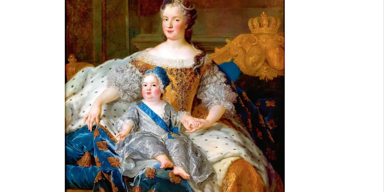 Królowa z dzieckiem, przyszłym Ludwikiem Ferdynandem de France, w bogatych szatach i koronach.
