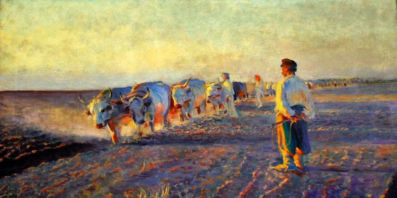 Leon Wyczółkowski, "Orka" – woły i oracz na tle zachodzącego słońca. Jedno z najważniejszych obrazów artysty.