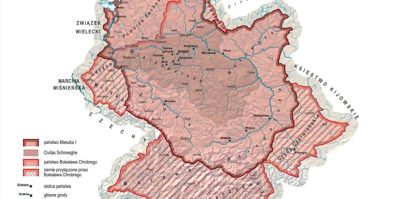Mapa przedstawia, kiedy powstała Polska za pierwszych Piastów, ukazując państwo Mieszka I i Bolesława Chrobrego.