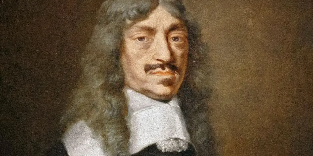 Portret króla polskiego Jana Kazimierza, który walczył z potopem szwedzkim. Długie włosy, wąsy i biały kołnierz.