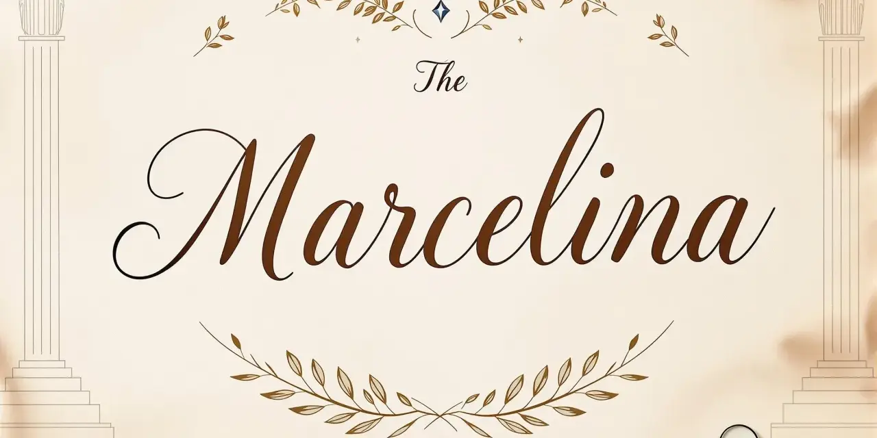 Eleganckie litery "The Marcelina" na jasnym tle, ozdobione gałązkami. Marcelina znaczenie imienia – odkryj jego piękno.