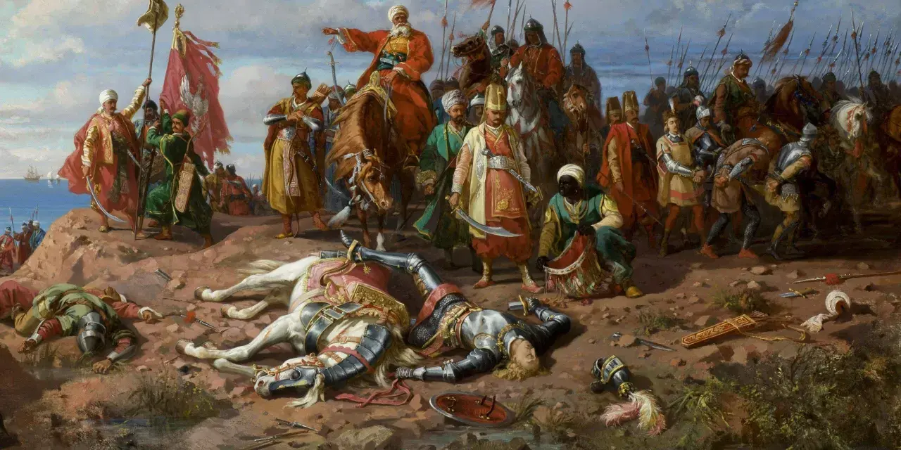 Chrzest Warneńczyka obraz: zwycięska armia polska po bitwie pod Warną, z królem Władysławem III na czele, triumfalnie wznosi sztandar.
