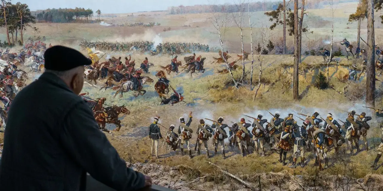 Widok na bitwę z obrazu "Panorama Racławicka", namalowanego przez Jana Styke i Wojciecha Kossaka.