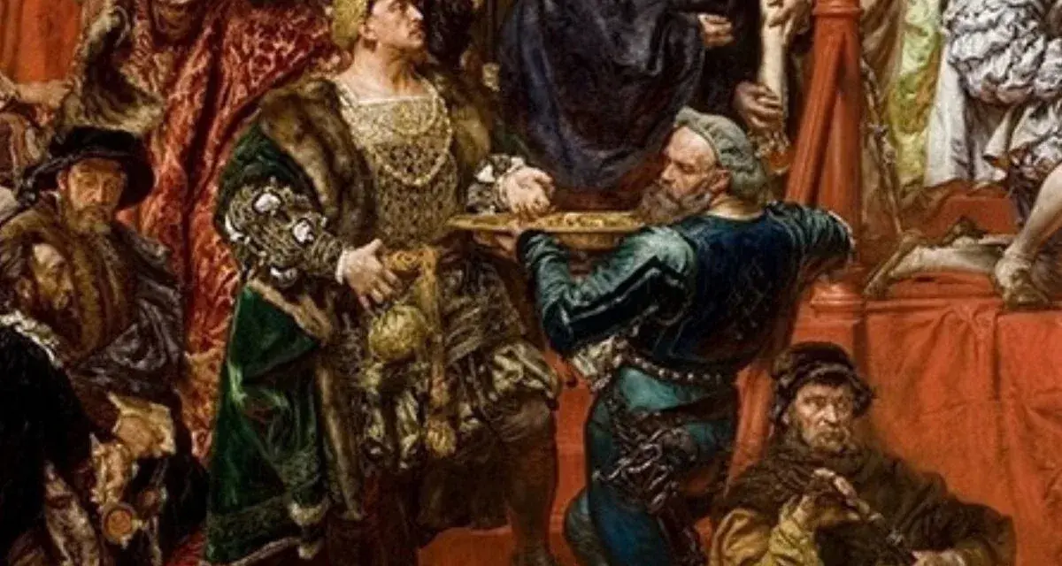 Hołd pruski Matejki: Albrecht Hohenzollern klęka przed Zygmuntem I Starym. Bogate stroje i dramatyzm sceny.