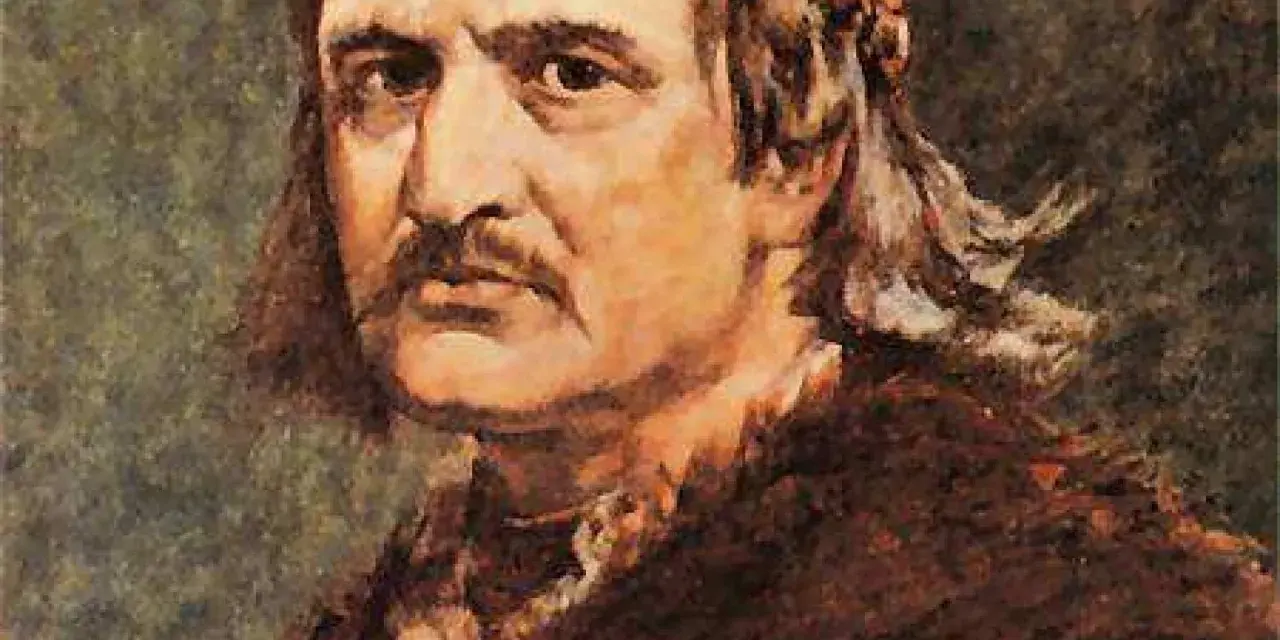 Portret króla Kazimierza Wielkiego, najdłużej panującego króla polskiego, z charakterystycznym wąsem i długimi włosami.