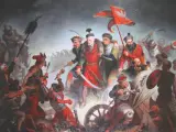 Bitwa pod Chocimiem 1621: Polacy z chorągwią zwyciężają. Dynamiczna scena walki, szable, broń palna, żołnierze w barwnych strojach.