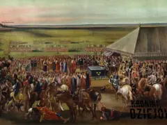 Obraz przedstawia scenę z potopu szwedzkiego, gdzie tłum ludzi i wojsko gromadzi się wokół namiotu. Ciekawe fakty o potopie szwedzkim.