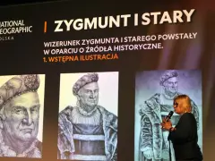 Portret Zygmunta Starego, jednego z królowie z dynastii jagiellonów, przedstawiony na ekranie.