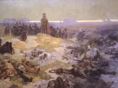 Pole bitwy po klęsce, gdzie leżą martwi rycerze. W oddali widać postać wodza, a nad polem unosi się dym. To obraz upadku zakonu kawalerów mieczowych.