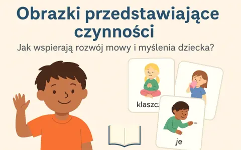 Ilustracje dla dzieci pokazujące czynności: dziewczynka medytuje, pije, chłopiec rzuca monetą. Pomagają w rozwoju mowy.