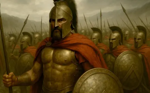Leonidas, kto to? Król Sparty, w złotej zbroi, z tarczą i włócznią, prowadzi armię spartańskich wojowników.