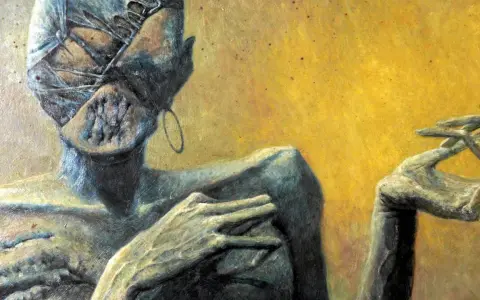 Mroczne, surrealistyczne dzieła Zdzisława Beksińskiego. Postać z bandażami na głowie i wykrzywionymi dłońmi na tle żółci.