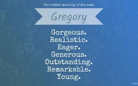 Grafika z napisem "Gregory" i listą cech: Gorgeous, Realistic, Eager, Generous, Outstanding, Remarkable, Young.