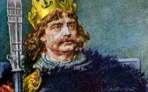 Portret Bolesława Chrobrego, pierwszego króla polskiego, w koronie i z berłem.