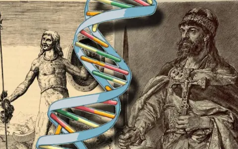 Czy wikingowie byli w Polsce? Grafika przedstawia starożytnych wojowników i spiralę DNA, sugerując badanie genetycznych śladów ich obecności.
