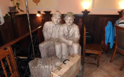 Dwie rzeźby siedzących mężczyzn, przypominających tońcio lub szczepcio, z akordeonem i walizką u stóp.