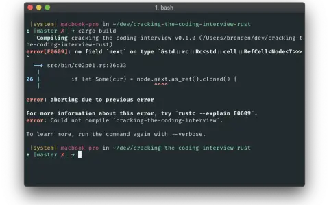 Błąd kompilacji Rust: "no field `next` on type". Co znaczy WTF? Komputer próbuje zbudować projekt, ale napotyka problem z brakiem pola `next`.