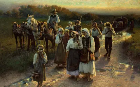 Grupa ludzi wraca z pola, niosąc narzędzia. Widać konie i wóz. Obraz przypomina czasy, kiedy zniesiono pańszczyznę w Polsce.