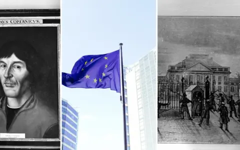Portret Kopernika, flaga UE i historyczny rysunek ukazują bogatą historię Polski, od nauki po współczesność.