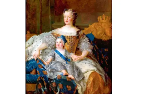 Królowa z dzieckiem, przyszłym Ludwikiem Ferdynandem de France, w bogatych szatach i koronach.
