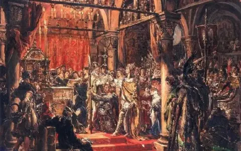 Uroczysta scena koronacji króla, być może w momencie, gdy zmarł Bolesław Chrobry, a tron obejmuje jego następca.