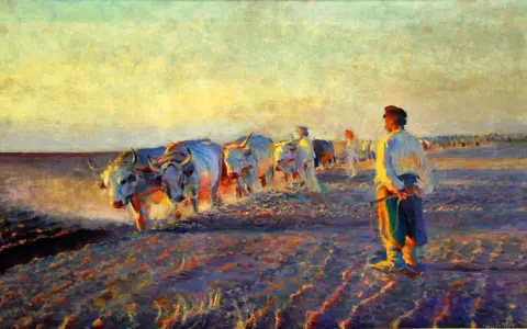 Leon Wyczółkowski, "Orka" – woły i oracz na tle zachodzącego słońca. Jedno z najważniejszych obrazów artysty.