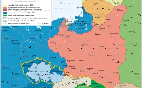 Mapa przedstawia **powierzchnię Polski w 1939** roku, ukazując tereny sporne między Polską, Niemcami i Czechosłowacją, w tym obszary zajęte przez Niemcy i Węgry.
