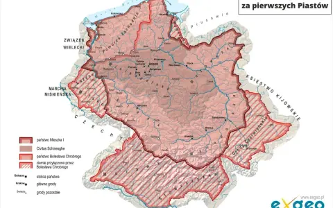 Mapa przedstawia, kiedy powstała Polska za pierwszych Piastów, ukazując państwo Mieszka I i Bolesława Chrobrego.