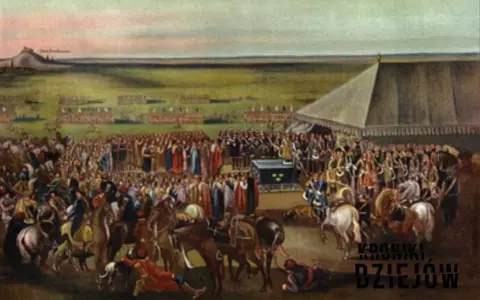 Obraz przedstawia scenę z potopu szwedzkiego, gdzie tłum ludzi i wojsko gromadzi się wokół namiotu. Ciekawe fakty o potopie szwedzkim.